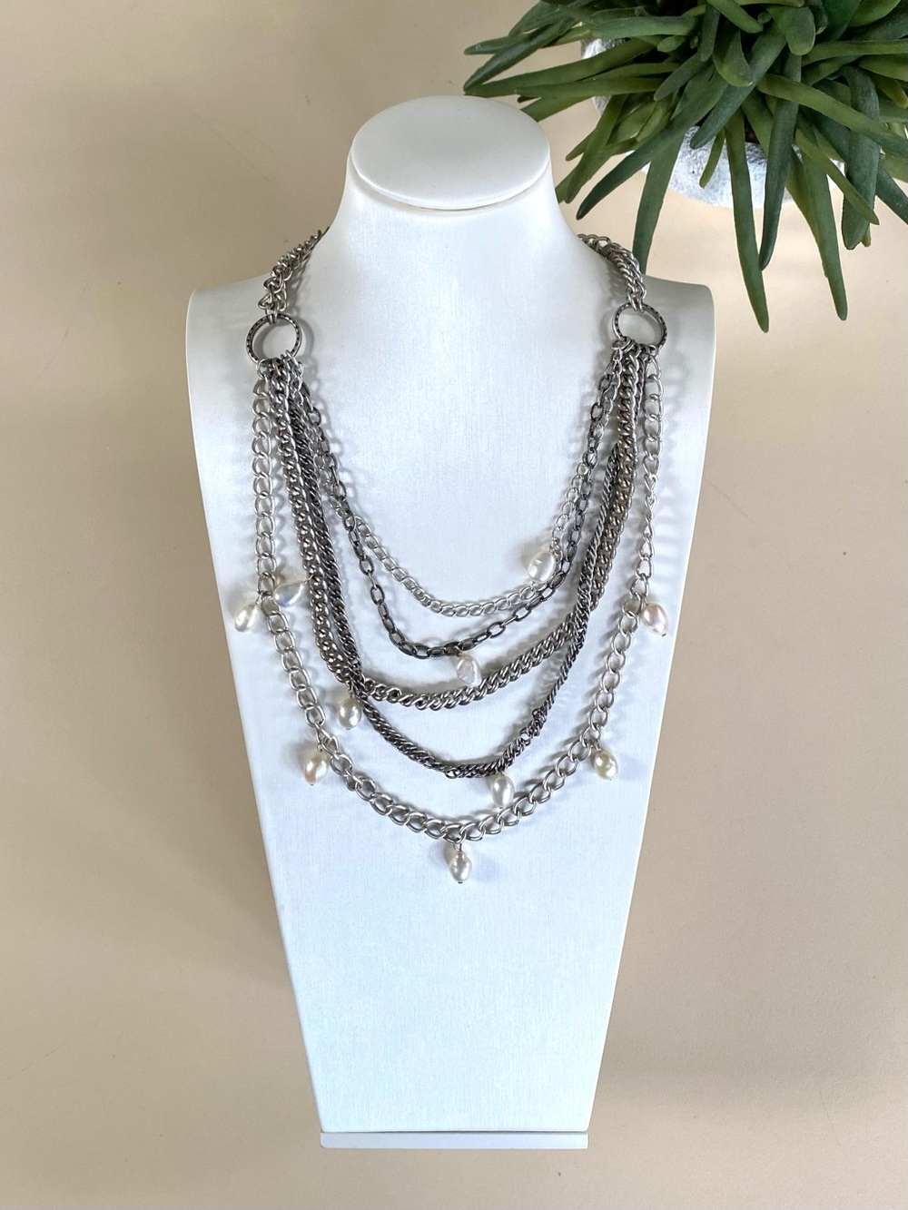 STELLA & DOT - Silver Chain Layered Toggle Necklace with Pearl Accents